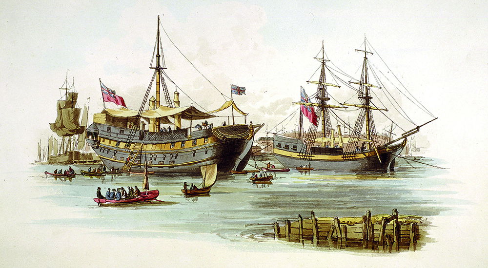 Prison hulks on the Thames, by William Henry Pyne, 1805.