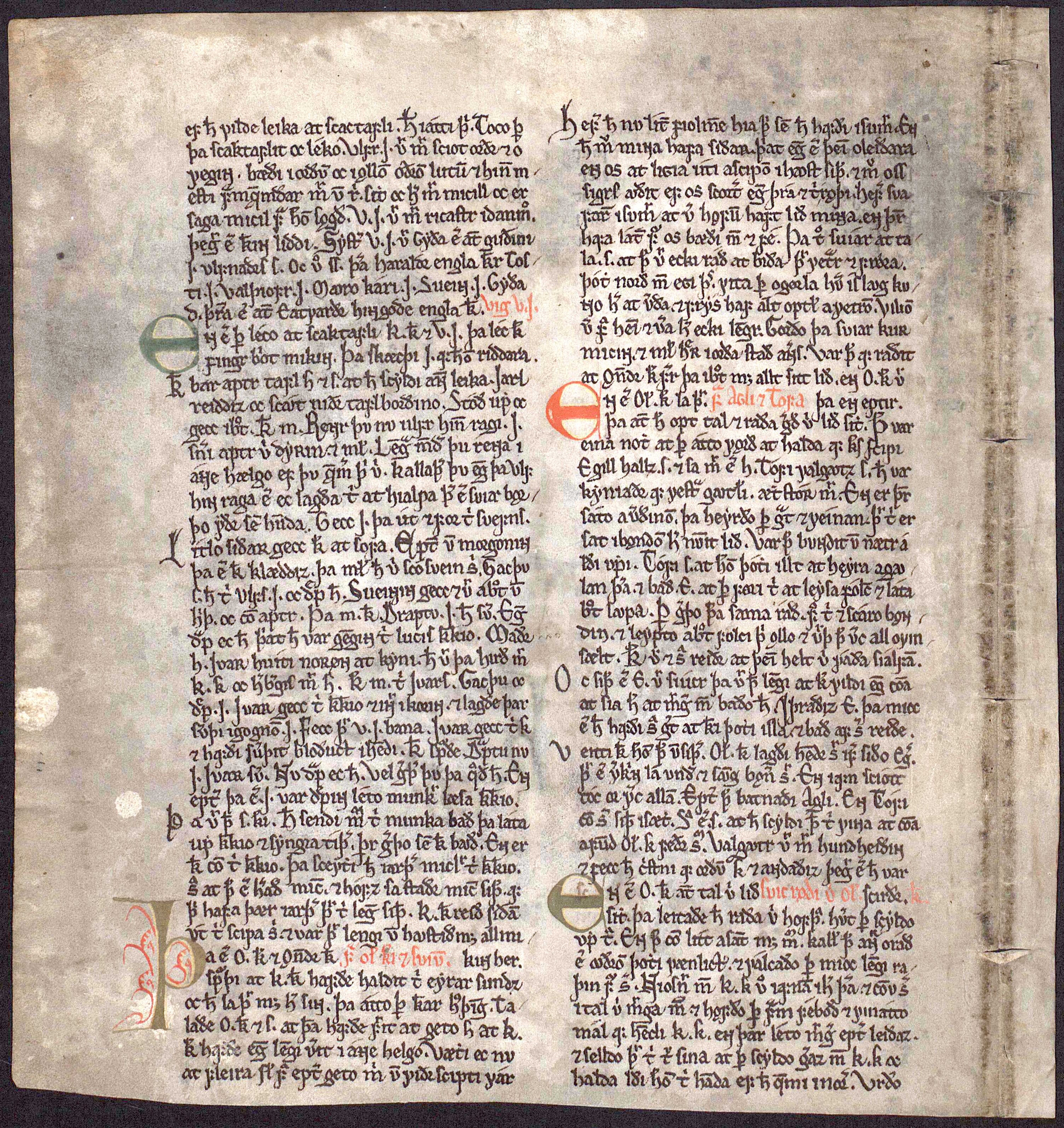 The single surviving page of the Kringla manuscript, known as the Kringla leaf (Kringlublaðið), Óláfs saga Helga, c.1260.