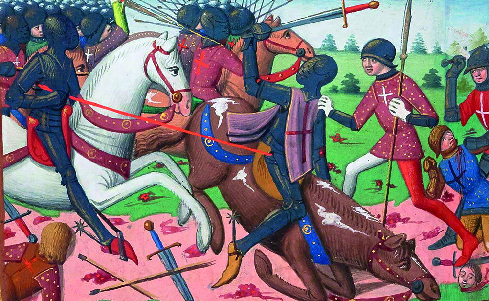 The Battle of Patay, the final conflict of the Loire Campaign of the Hundred Years War, 18 June 1429, from Les Vigiles de Charles VII, by Martial d’Auvergne, c.1484. 