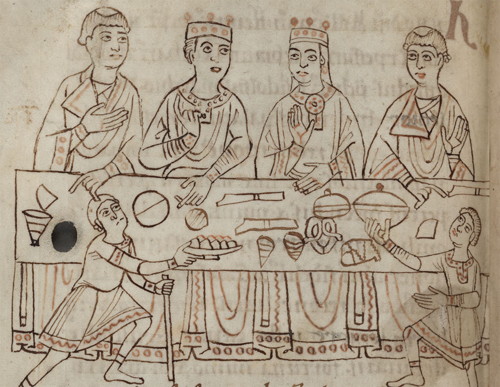 Henry V and Empress Matilda astatine their wedding feast, from the chronicle of Ekkehard of Aura, early 12th century.