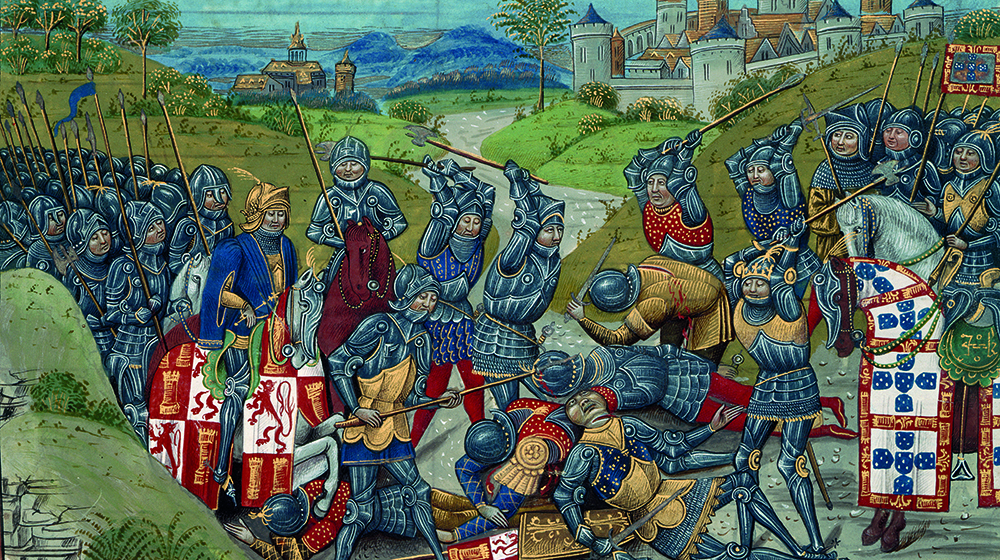 The Battle of Aljubarrota, fought between the Kingdom of Portugal and the Crown of Castile,  14 August 1385, from Les Chroniques d’Angleterre, by Jean d’Wavrin, c.1480.