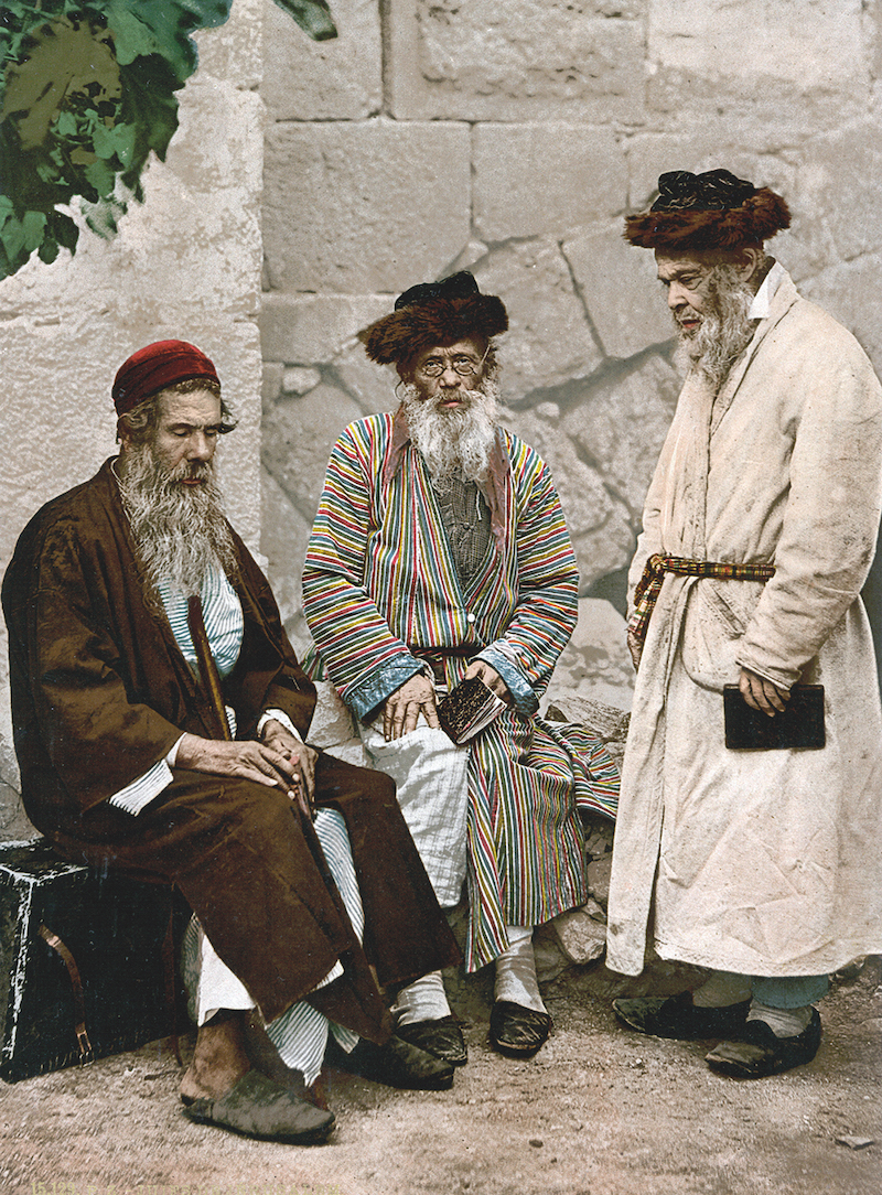 Three Jewish men in Jerusalem, photochrome, c.1900. Granger Historical Picture Archive / Alamy Stock Photo.