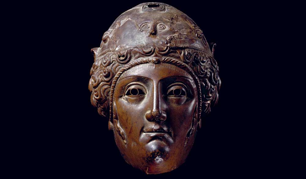 Bronze parade mask perhaps worn by male soldiers representing the Amazons. Nola, Italy,  second century.