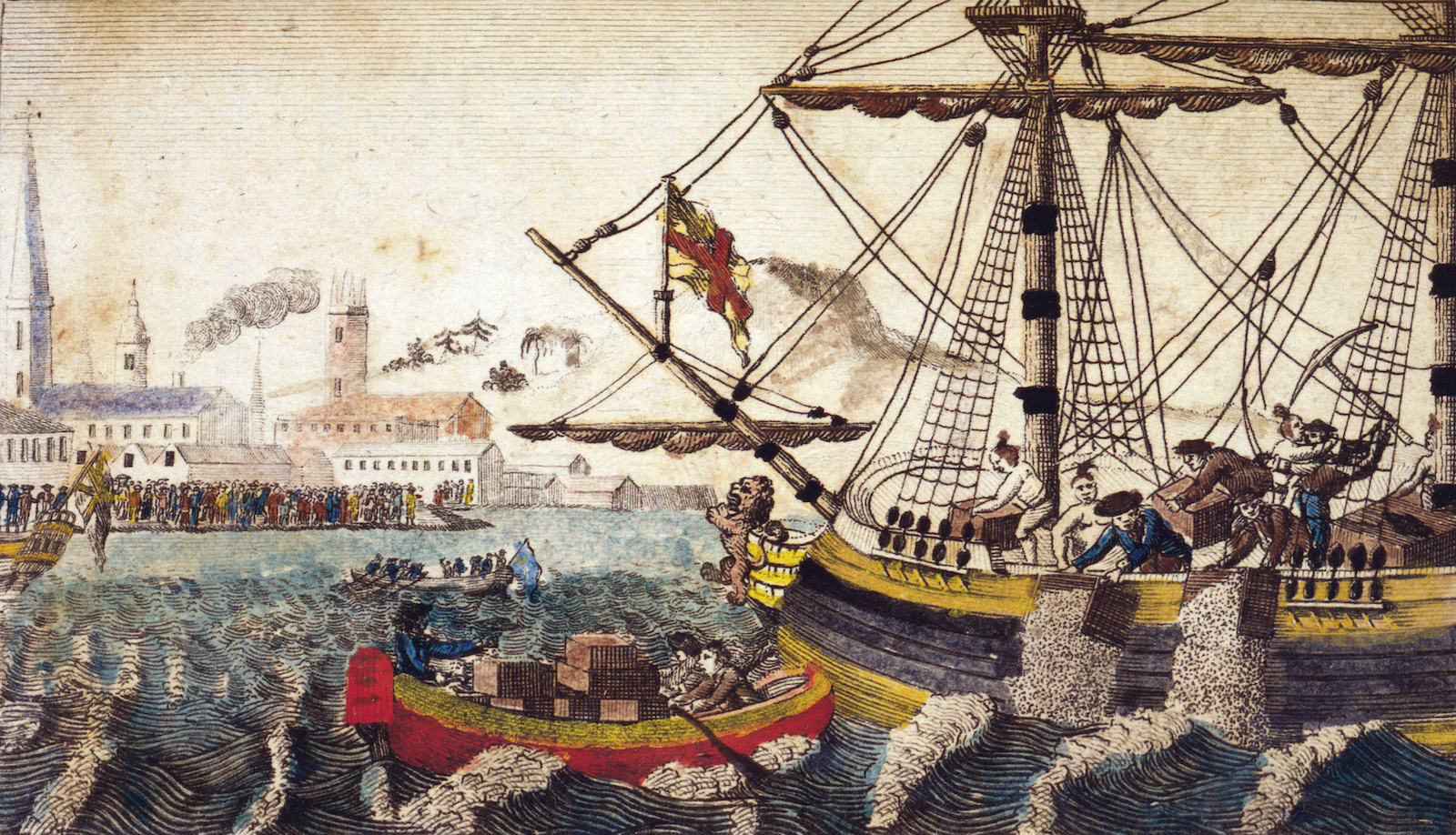 Americans throwing the cargoes of the tea ships into the harbour at Boston, 18th century. Niday Picture Library/Alamy Stock Photo.