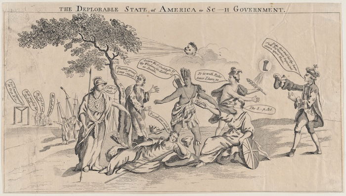 ‘The Deplorable State of America’: Britannia offers Pandora’s Box to the colonies in the form of the Stamp Act, unknown artist, 22 March 1765. Metropolitan Museum of Art. Public Domain.