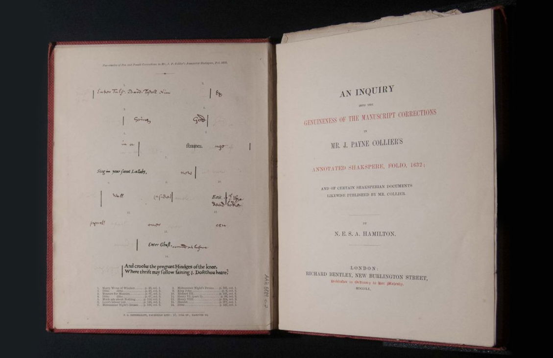 N.E.S.A. Hamilton. "An inquiry into the genuineness of the manuscript corrections in Mr. J. Payne Collier’s annotated Shakspere, folio, 1632: and of certain Shaksperian documents likewise published by Mr. Collier." Special Collections, University of Delaware Library. 