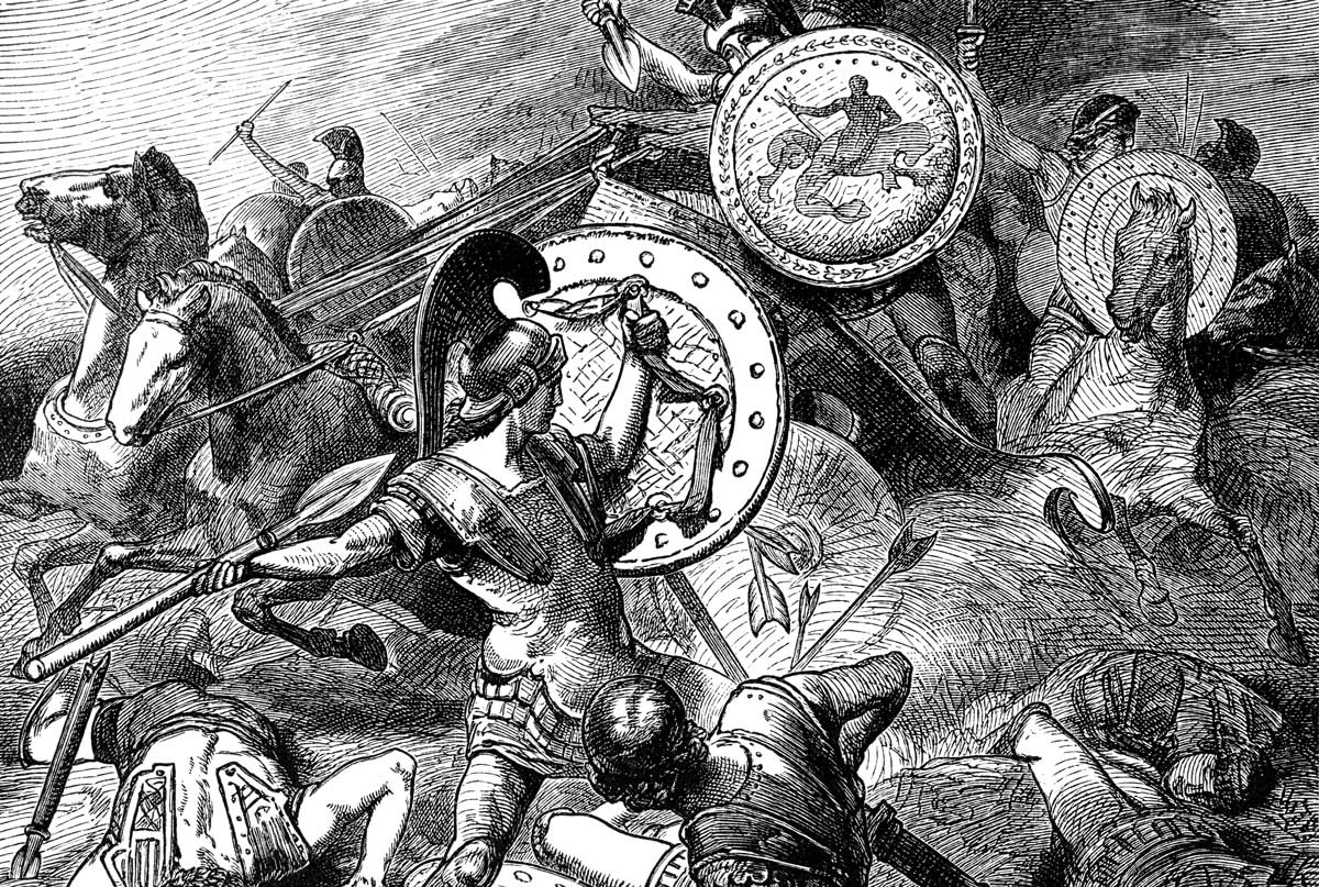 Epaminondas saves the life of Pelopidas during the siege of Mantinea 385 BC, from Ward and Lock’s Illustrated History of the World, c.1882 © akg-images/UIG/Universal History Archive.