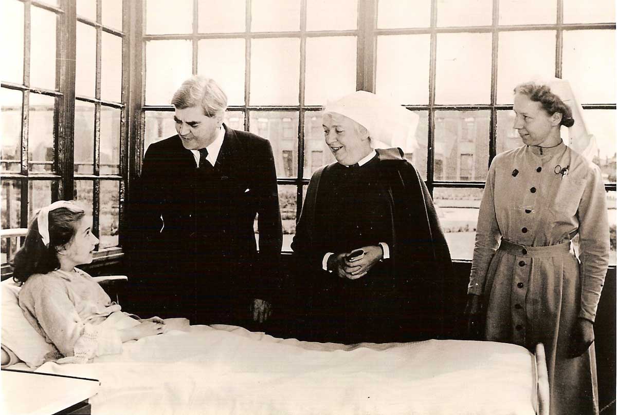 Anenurin Bevan, Minister of Health, on the first day of the National Health Service, 5 July 1948 at Park Hospital, Davyhulme, near Manchester.