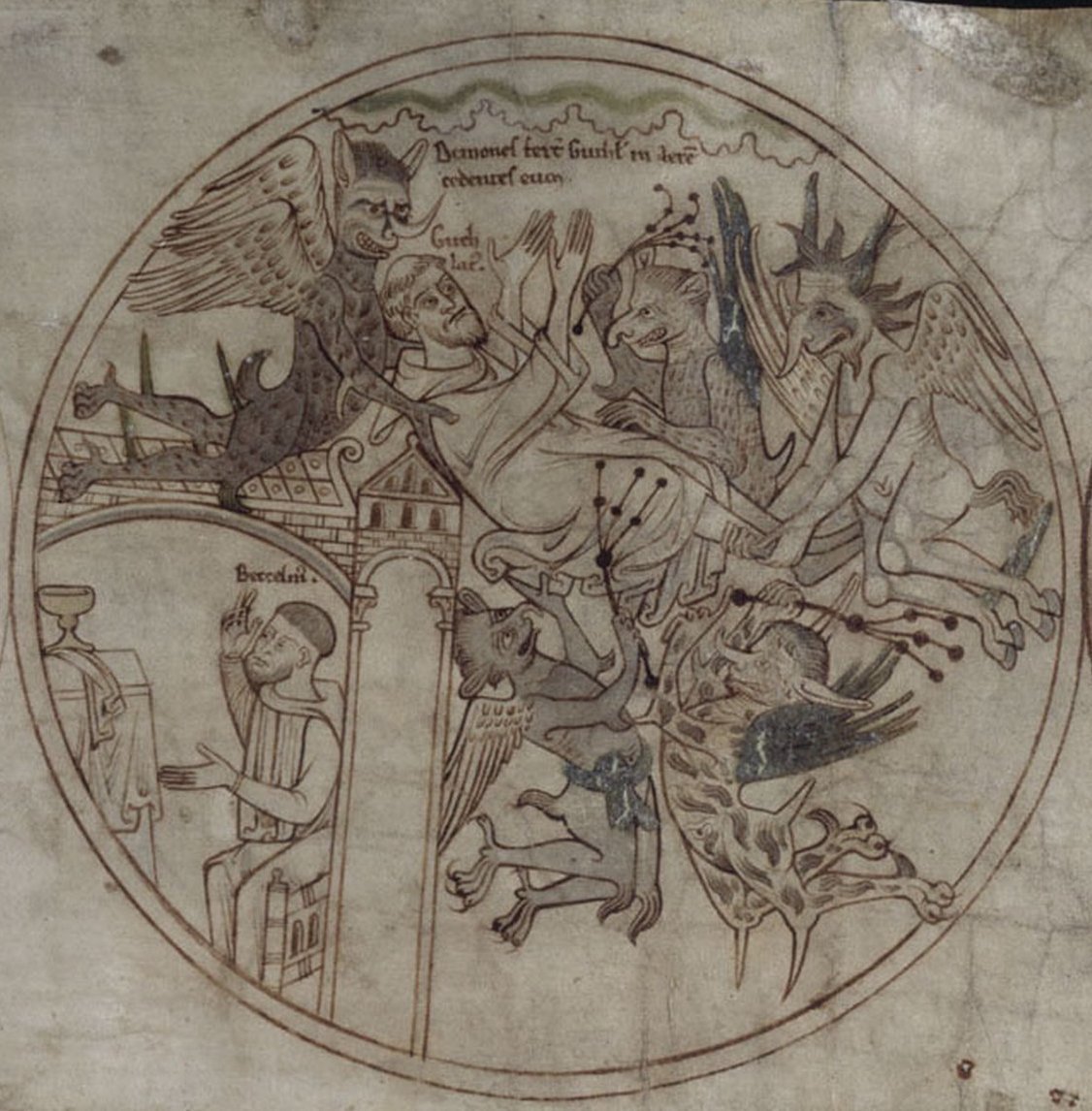 Saint Guthlac being tormented by demons, the Life of Saint Guthlac, Crowland, Lincolnshire, 1175-1215. Guthlac’s name represented a shift away from older naming conventions towards a recognisably English one. British Library. Public Domain.
