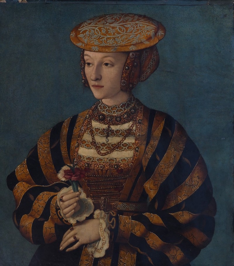 Anne of Cleves by Barthyl de Bruyn, the style of hat and skirt common to the North Rhine, c. 1539. Anne of Cleves Courtesy Rosenbach Museum & Library, 1954.192
