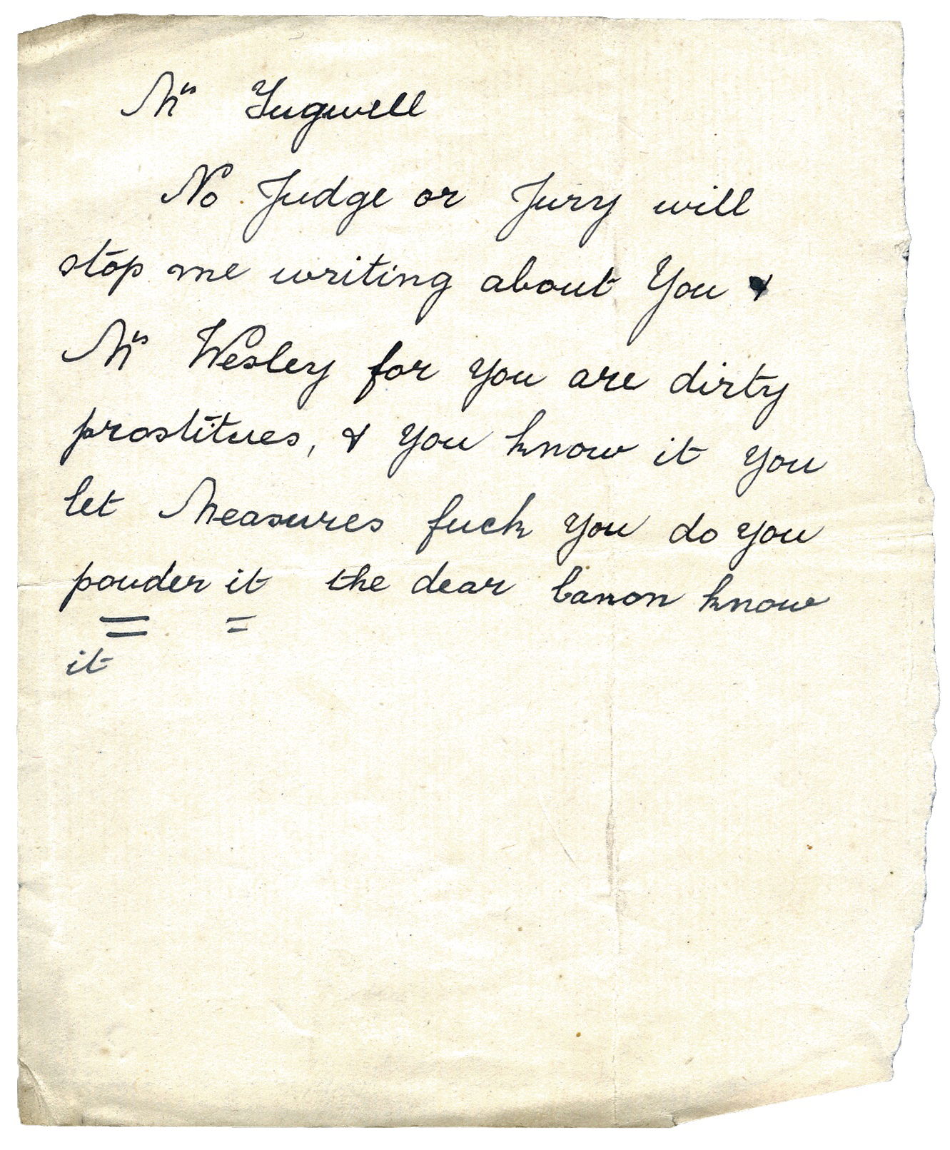 A letter used in the libel case against Annie Tugwell, 1909-13.
