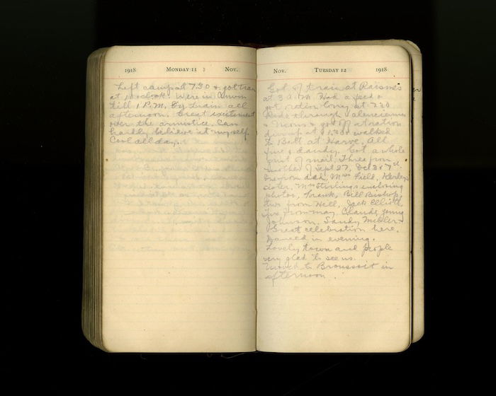 Diary entry for 11 November 1918, by Canadian serviceman Louis Llewyllen Lent. Provincial Archives of Alberta. Public Domain.