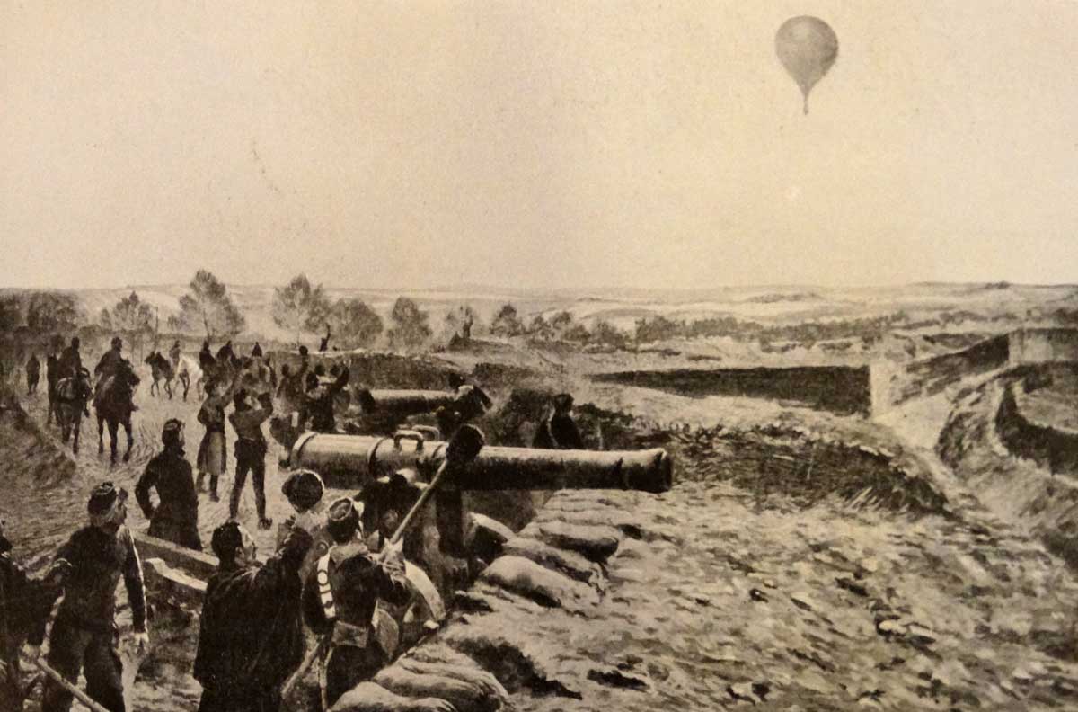 A scene from the siege of Paris, with hot air balloon, c.1870.