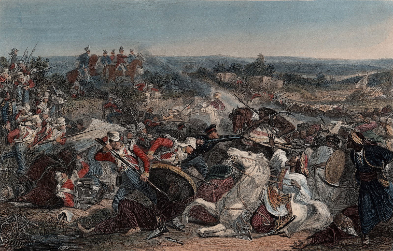 A hand-coloured engracing J.B. Allen of British infantry at the Battle of Miani, c. 1847.