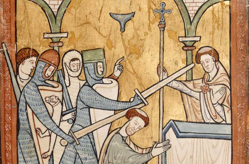 Martyrdom of Thomas Becket (detail), Psalter c.1220, f.32 (BL Harley MS 5102). British Library.