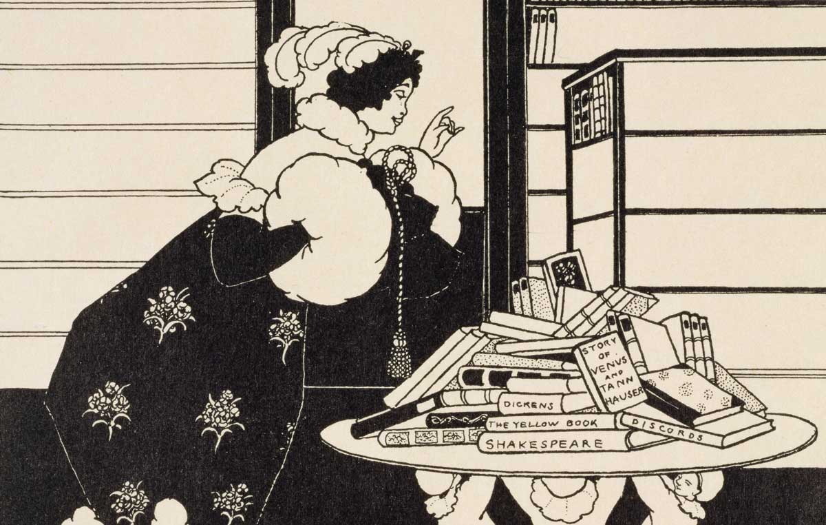 Choose wisely: Woman in a Bookshop, cover design for the quarterly magazine, ‘The Yellow Book’, by Aubrey Beardsley, c.1895.