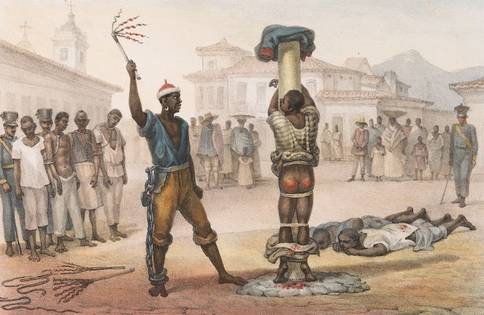 An enslaved man is whipped in Brazil, Jean Baptiste Debret, c.1834-39. New York Public Library. Public Domain.