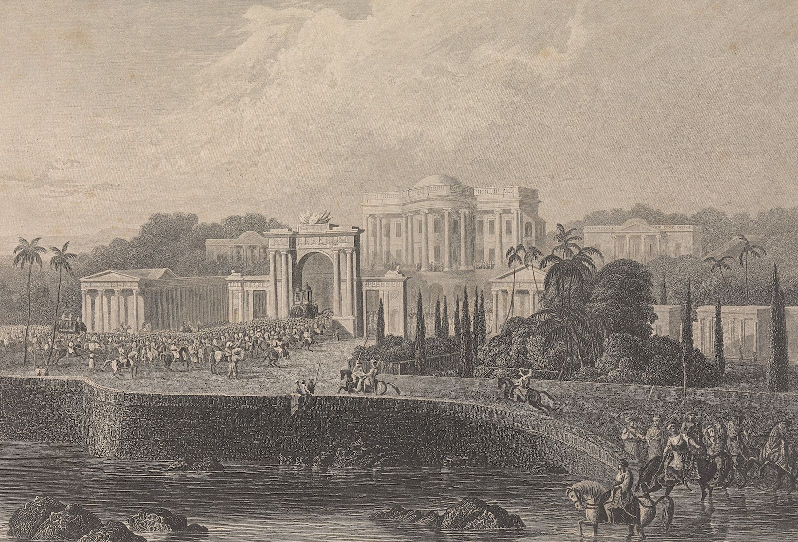 The British Residency in Hyderabad, c. 1845, engraved by William Miller from a drawing by Captain Robert Grindlay. Yale Center for British Art. Public Domain.