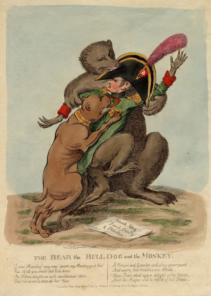 The Russian bear and the English bull dog join together to attack Napoleon, 1812. Napoleonic Satires from the Anne S. K. Brown Military Collection, Prints, Drawings and Watercolors from the Anne S.K. Brown Military Collection. Brown Digital Repository. Brown University Library. Public Domain.