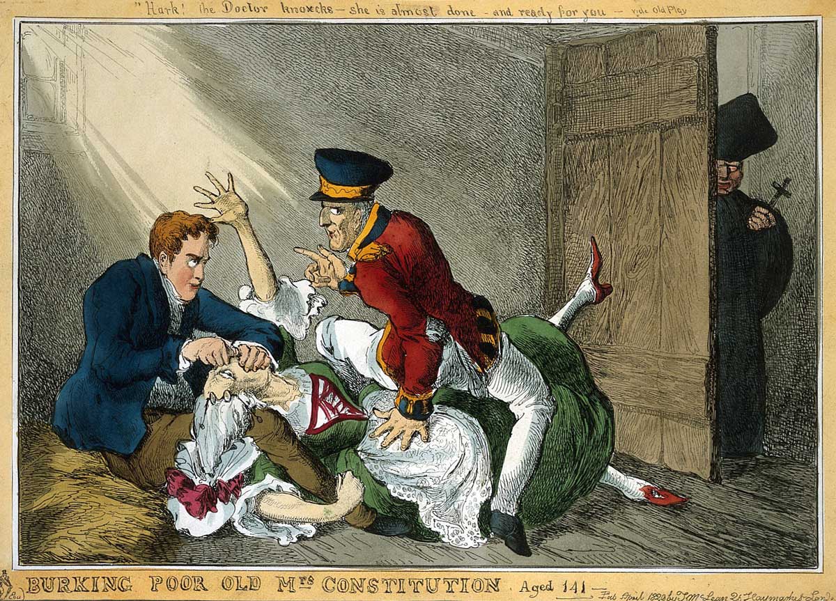 Burke and Hare suffocating Mrs Docherty for sale to Dr. Knox; satirizing Wellington and Peel extinguishing the Constitution for Catholic Emancipation.