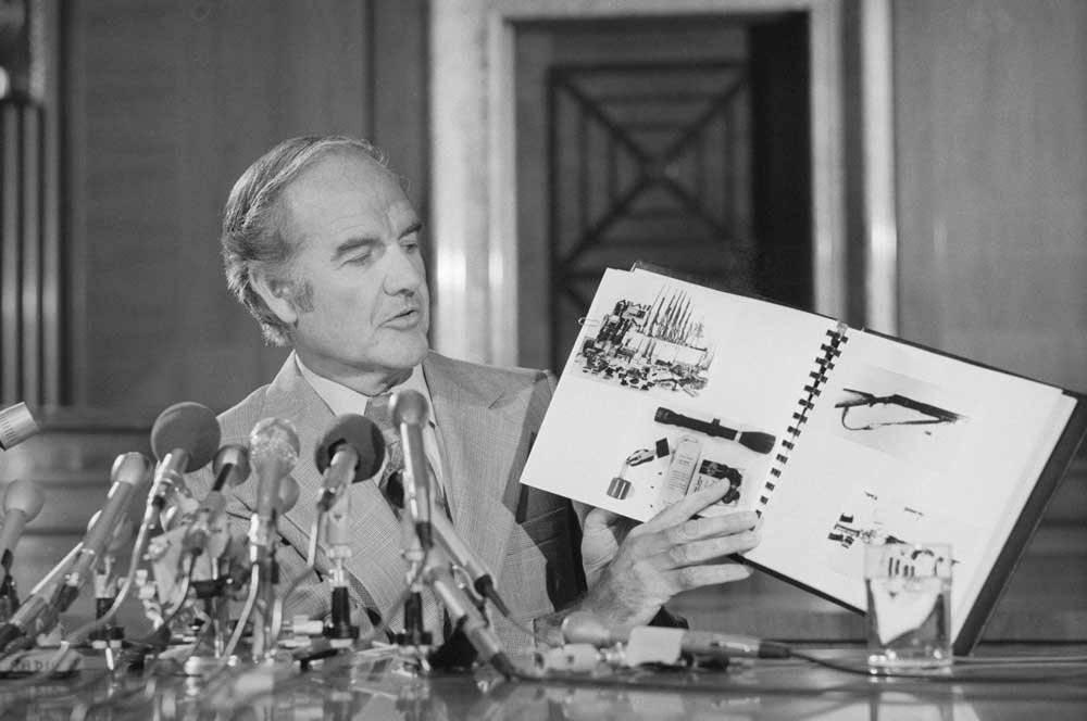 Senator George McGovern showing material sent to him by Castro, 30 July 1975.