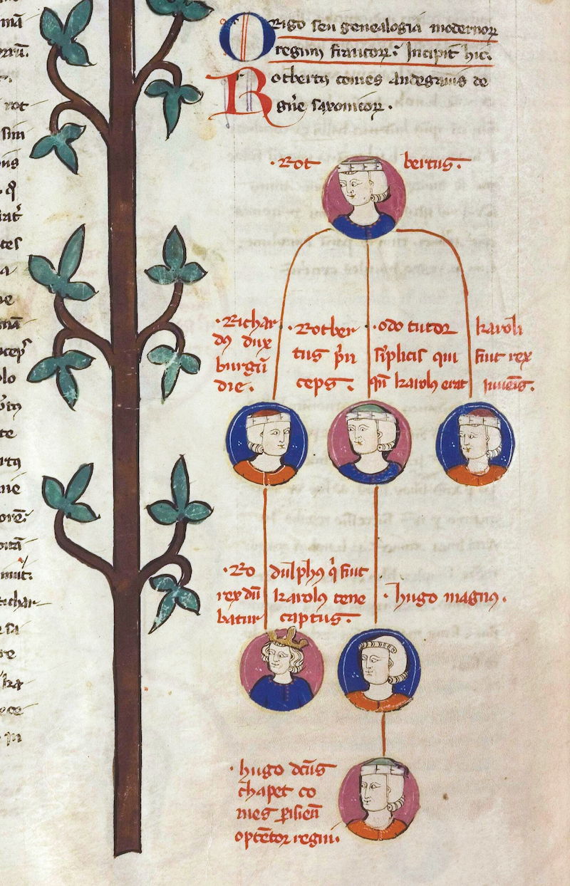 A genealogical tree of the kings of France showing, on the central line, the Capetian branch from Robert the Strong to Hugh Capet, 14th century. Bibliothèque Municipale de Toulouse.