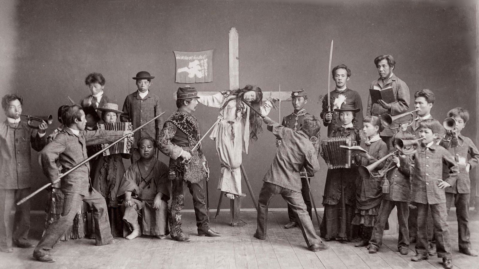 Japanese Christians re-enact the crucifixion of Jesus Christ, c.1880s. Chronicle/Alamy Stock Photo.