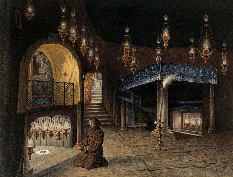 A monk praying in the Church of the Nativity, Bethlehem, after François-Edmond Pâris, 1862. Wellcome Collection. Public Domain.