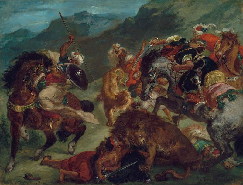 Lion hunt in North Africa, Lion Hunt Eugène Delacroix, 1858. Museum of Fine Arts, Boston. Public Domain.