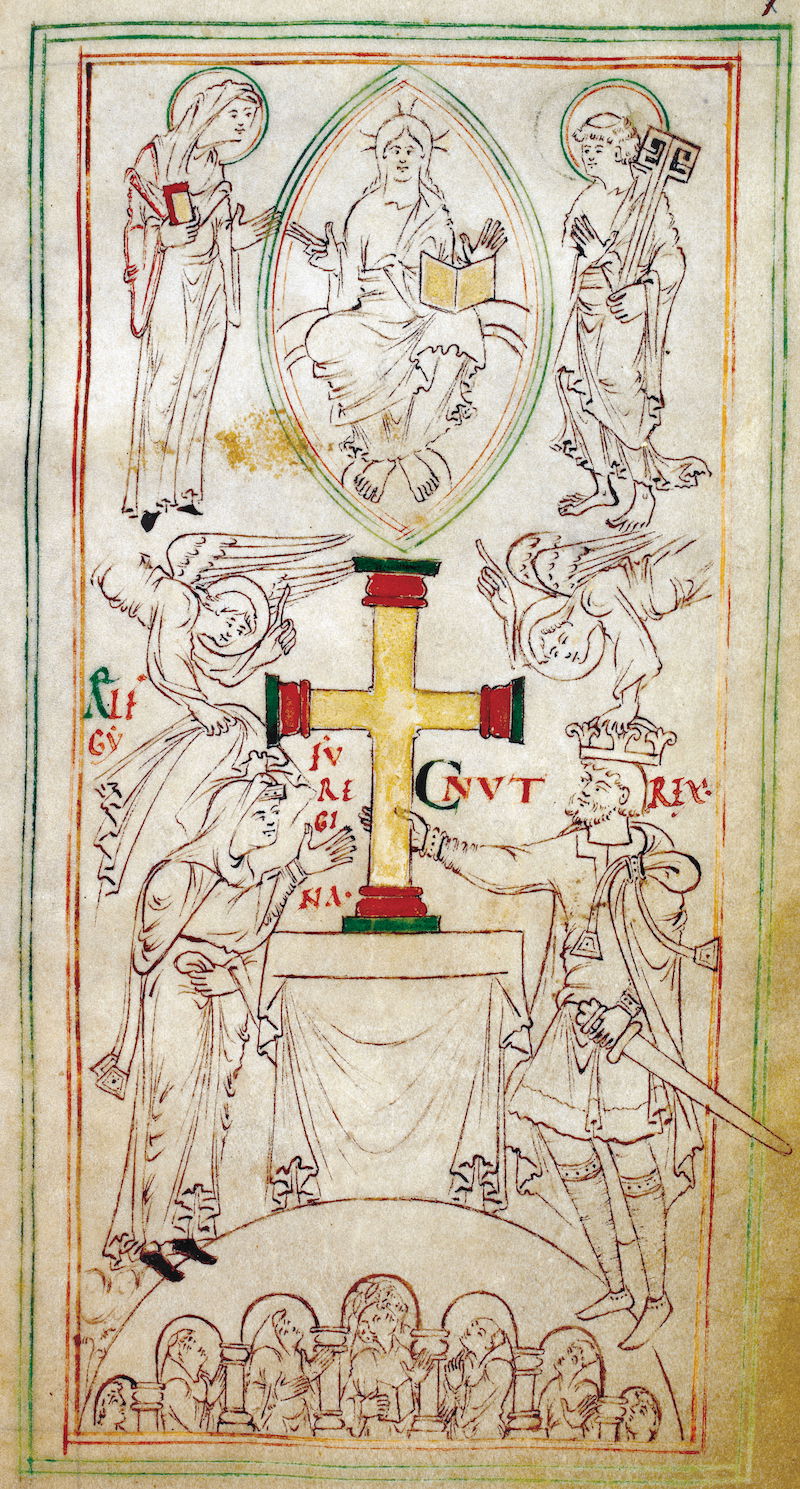 Cnut and Ælfgifu present a gold cross to the New Minster and Hyde Abbey, the Liber Vitae (‘Book of Life’), 1031. © British Library Board. All Rights Reserved/Bridgeman Images.
