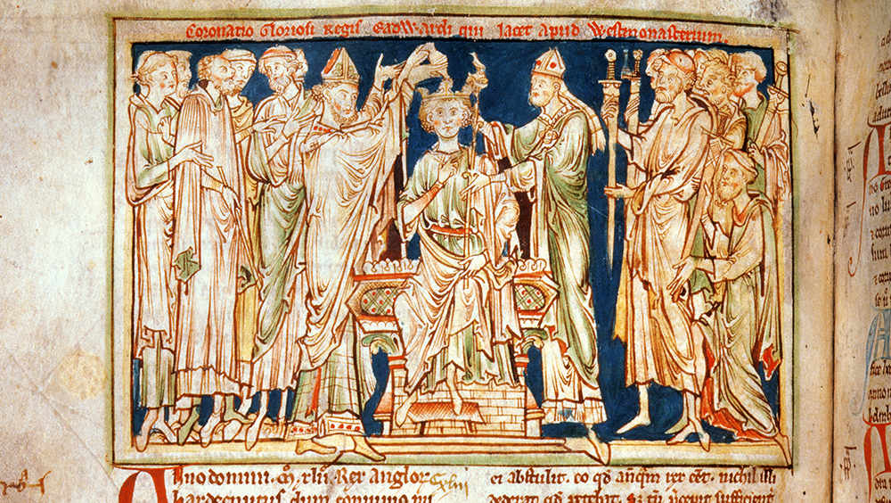The coronation of Edward the Confessor, from Flores Historiarum by Matthew Paris, 13th century.