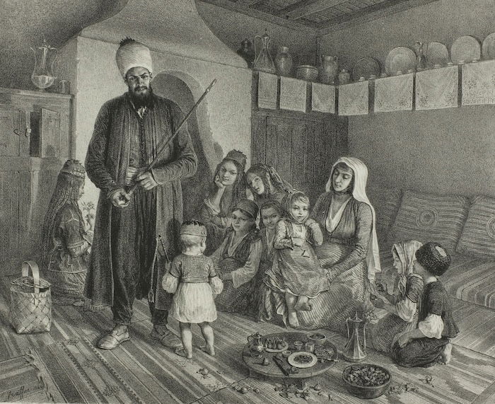 ‘Tartar Family in Their Home, Kapskhor, Crimea, October 21, 1837‘, by Denis Auguste Marie Raffet, 1846. Art Institute Chicago. Public Domain.