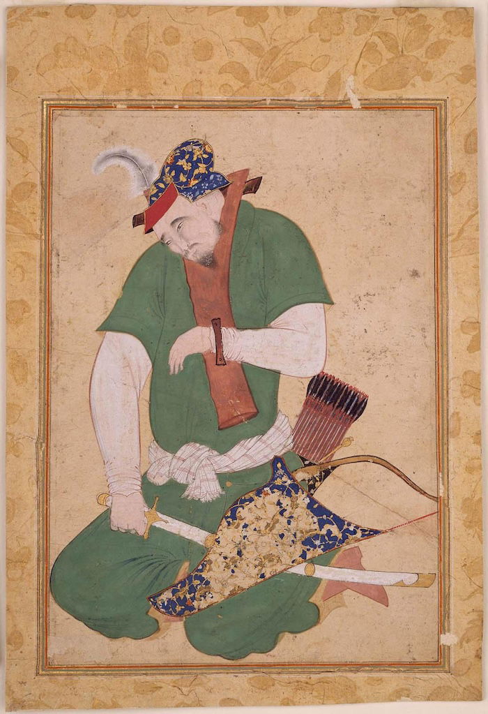 Persian depiction of a Mongol or Tartar warrior imprisoned by a ‘palahang’ (a forked piece of wood with bands to attach the neck and one wrist), c. late 16th century. Museum of Fine Arts, Boston. Public Domain.