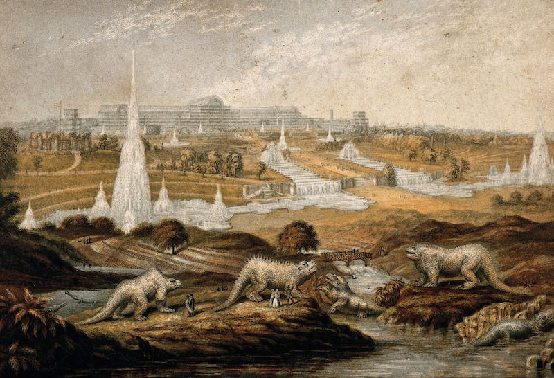Sculptures of dinosaurs at Crystal Palace, process print by G. Baxter, 1864. Wellcome Collection. Public Domain.