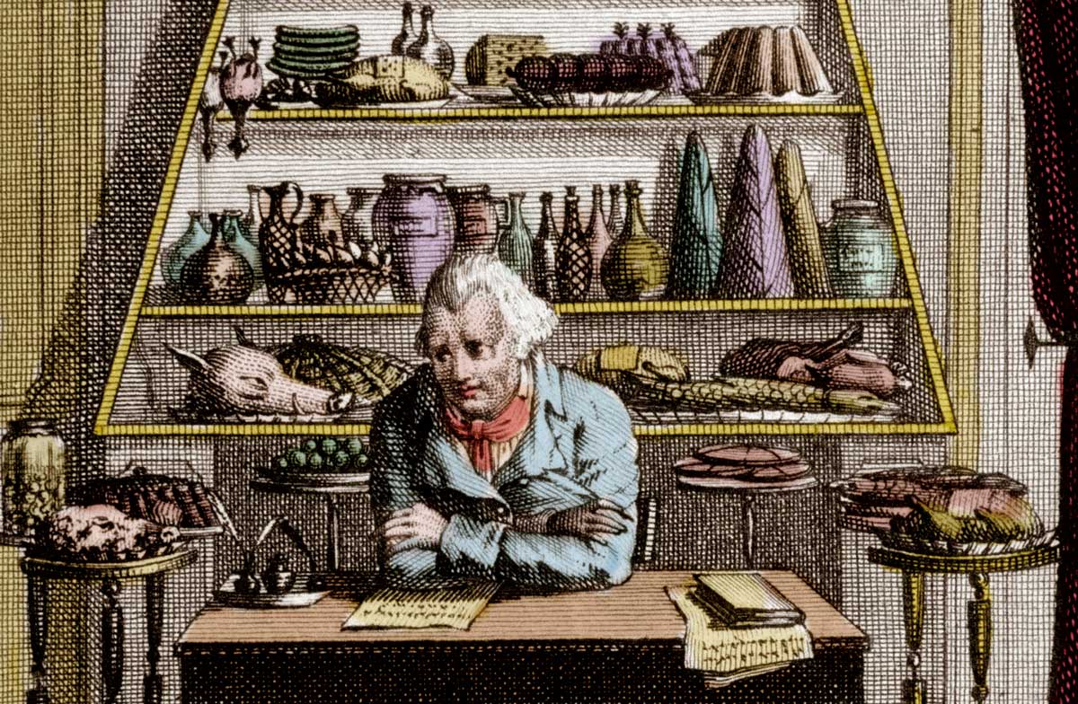 ‘Meditations of  a Gourmand’.  Coloured engraving  from Almanach  des Gourmands,  19th century.