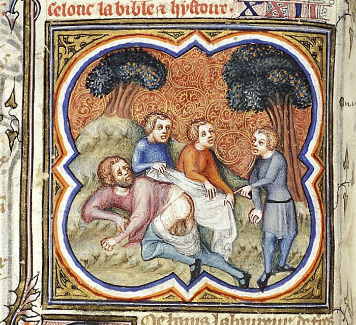The mocking of Noah, Jean Bondol, 1372. KB, National Library of the Netherlands. Public Domain.