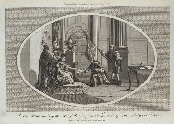 Queen Anne receiving the Act of Union, 1707. English engraving, 1793. New York Public Library. Public Domain.