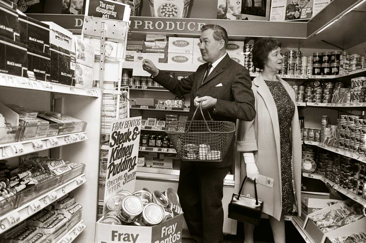 James and Audrey Callaghan shopping in an experimental decimal coinage supermarket,  12 May 1967.