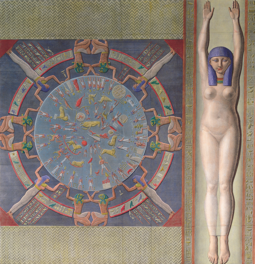 An illustration of the Dendera Zodiac on the ceiling of the Grand Temple at Dendera, Egypt, c.1826. From Descriptions of Egypt by Jean-Baptiste Prosper Jollois and Édouard de Villiers du Terrage.