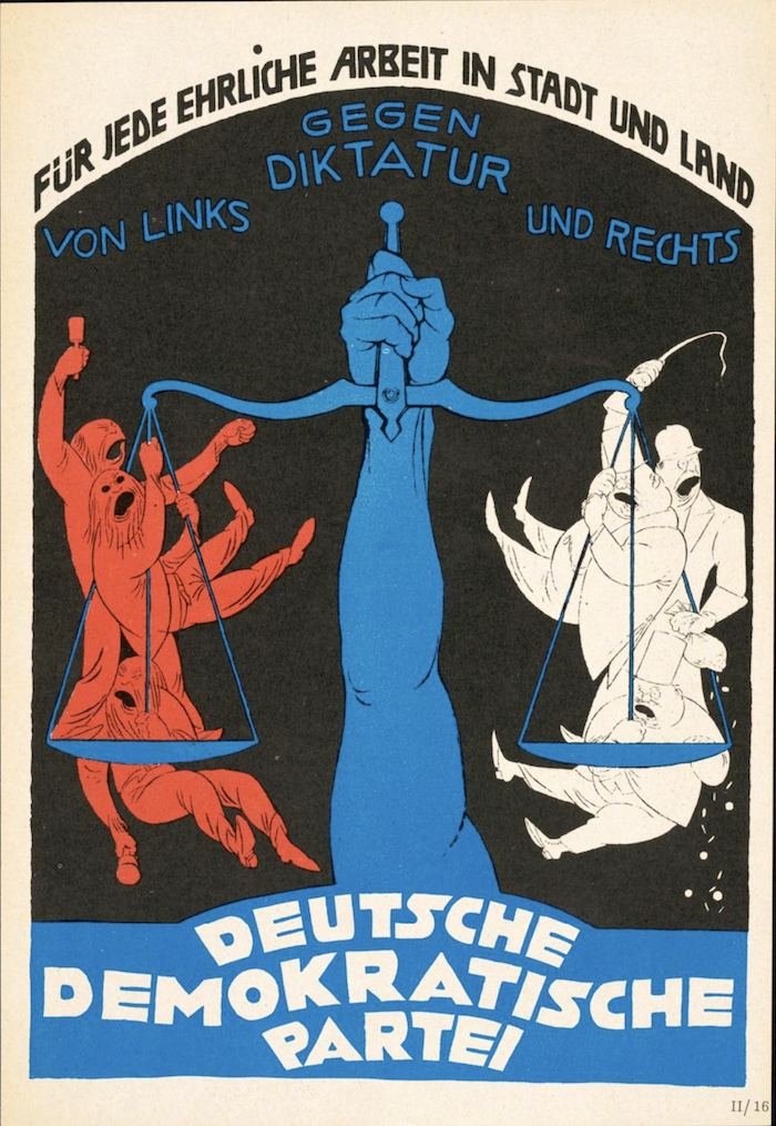 ‘Honest labor, urban and rural’: An election poster for the Deutsche Demokratische Partei, founded by Max Weber, 1920. Leo Baeck Institute,.