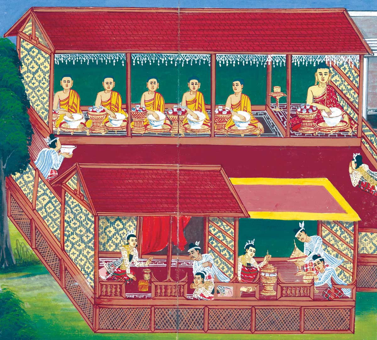 Monks dining with  the Buddha, scenes from The Life of the Buddha, Burmese, c.1800-20.