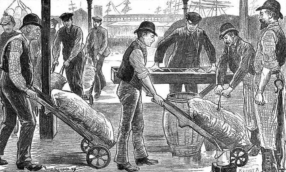 Dockers unloading sugar in the West India Docks at the end of the dock labourers' strike, 16th September, 1889