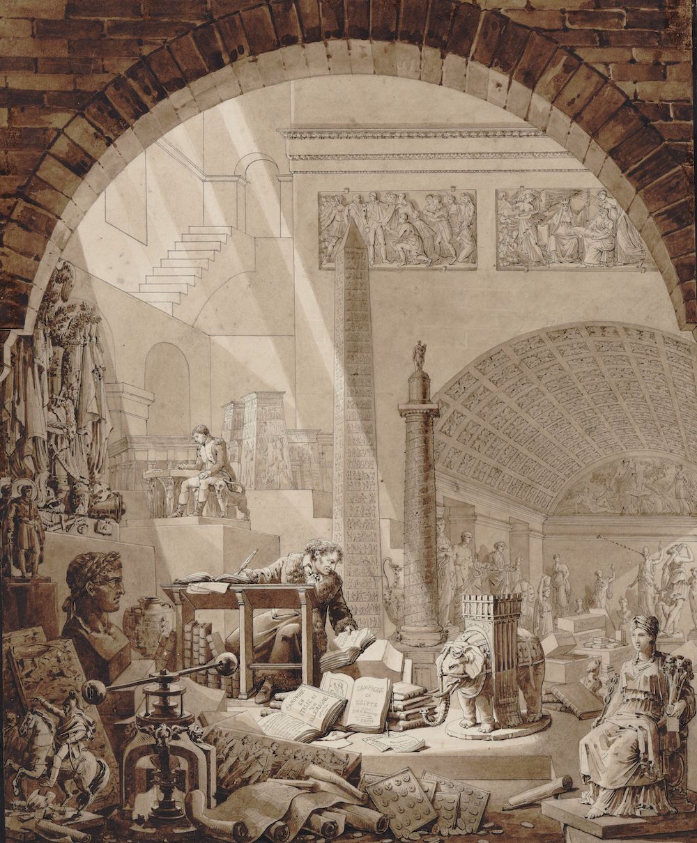 An illustration shows Dominique-Vivant Denon working surrounded by the antiquities seized by Napoleon in his campaigns.