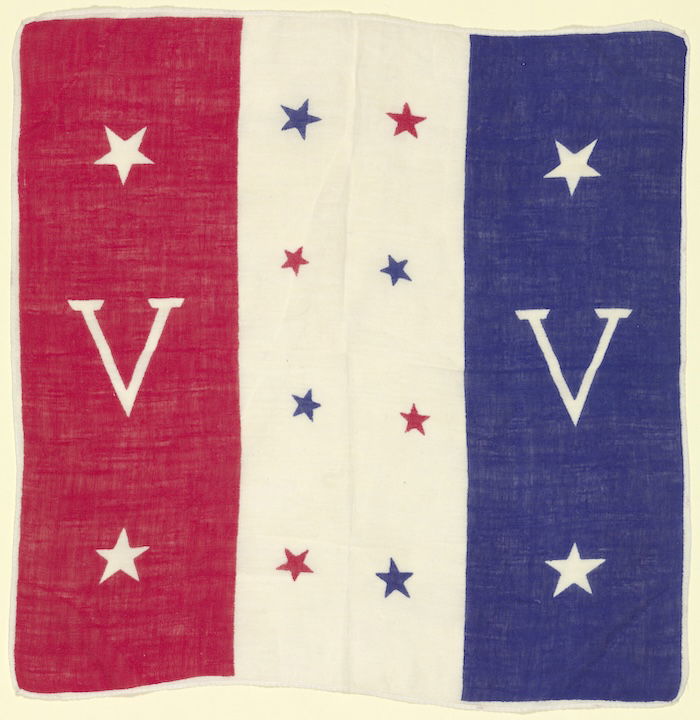 A linen square handkerchief promoting the Double V campaign, c. 1942-45. Collection of the Smithsonian National Museum of African American History and Culture (CC0).