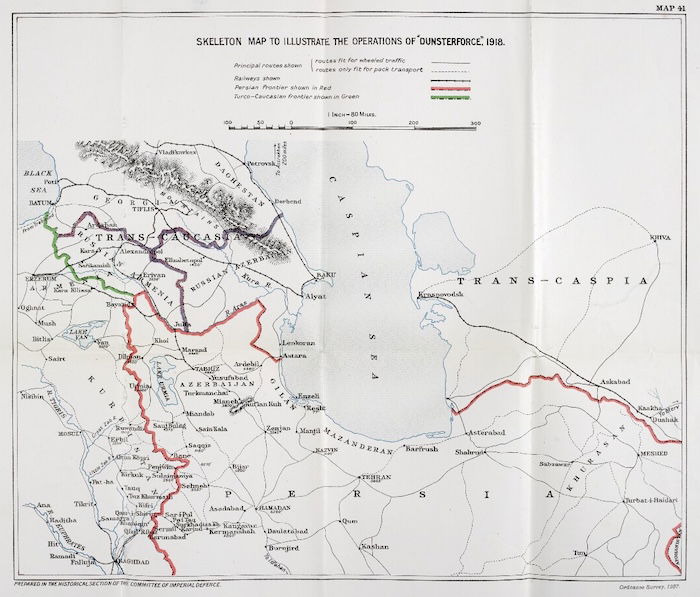 Map of Dunsterforce operations from The Campaign in Mesopotamia 1914-1918. Volume IV, 1927. Qatar Digital Library. Public Domain.