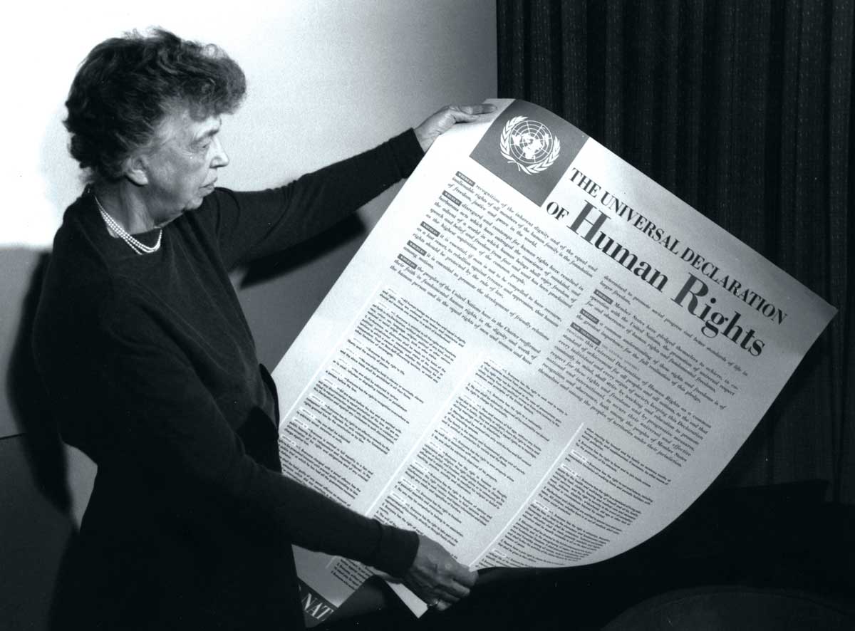 Roosevelt displays  a version of the Universal Declaration of Human Rights 1949. 