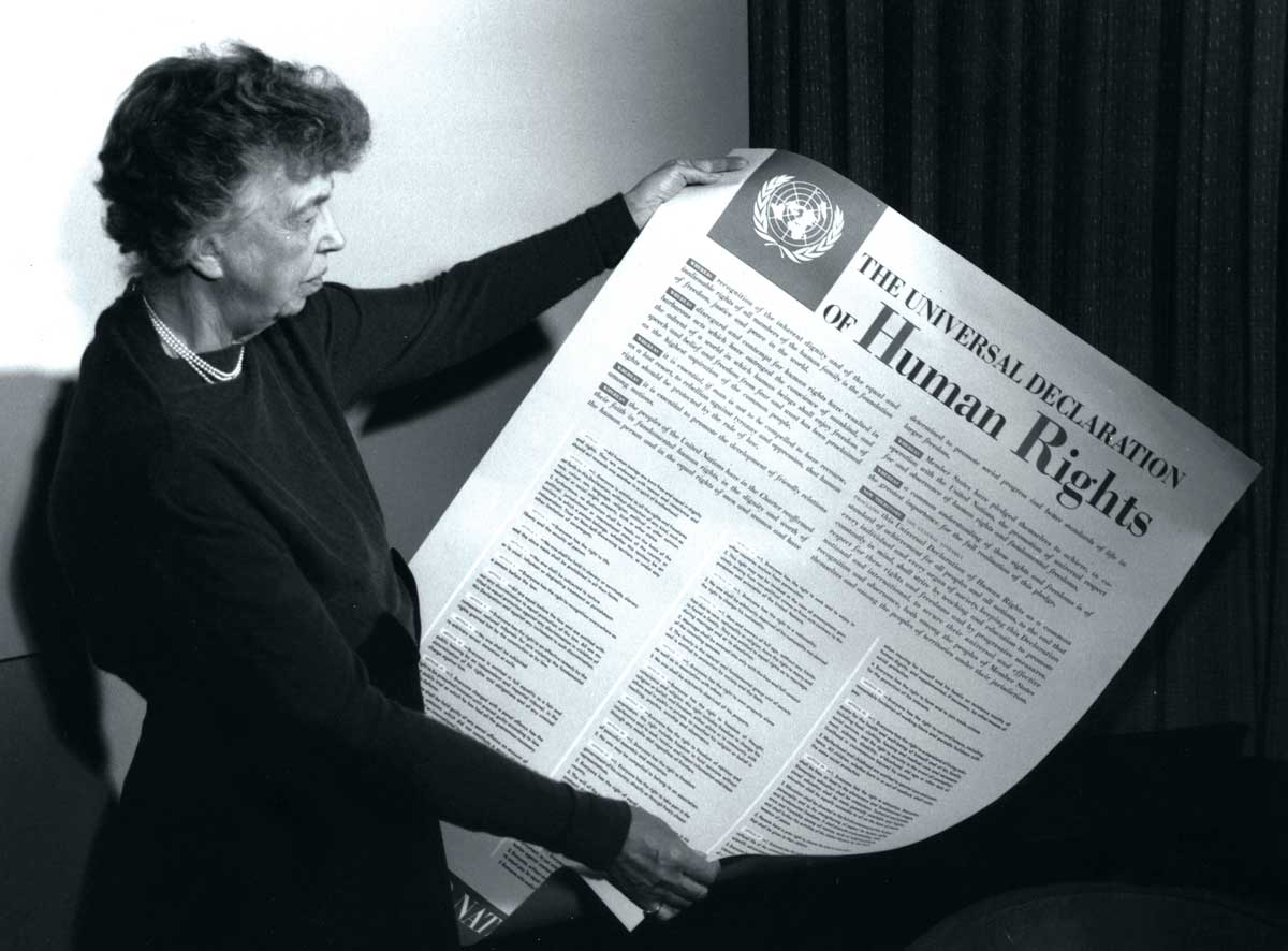 Roosevelt displays  a version of the Universal Declaration of Human Rights 1949.