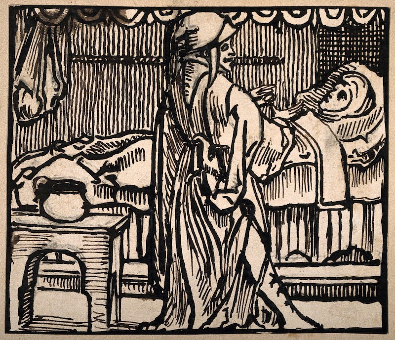 A doctor visits a pregnant woman, after a woodcut by J. Berntsz, 1538. Wellcome Collection. Public Domain.