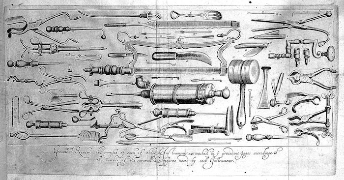 The contents of a surgeon’s chest from The Surgeon’s Mate or Military and Domestique Surgery, by John Woodall, 1639. Wellcome Collection. Public Domain.