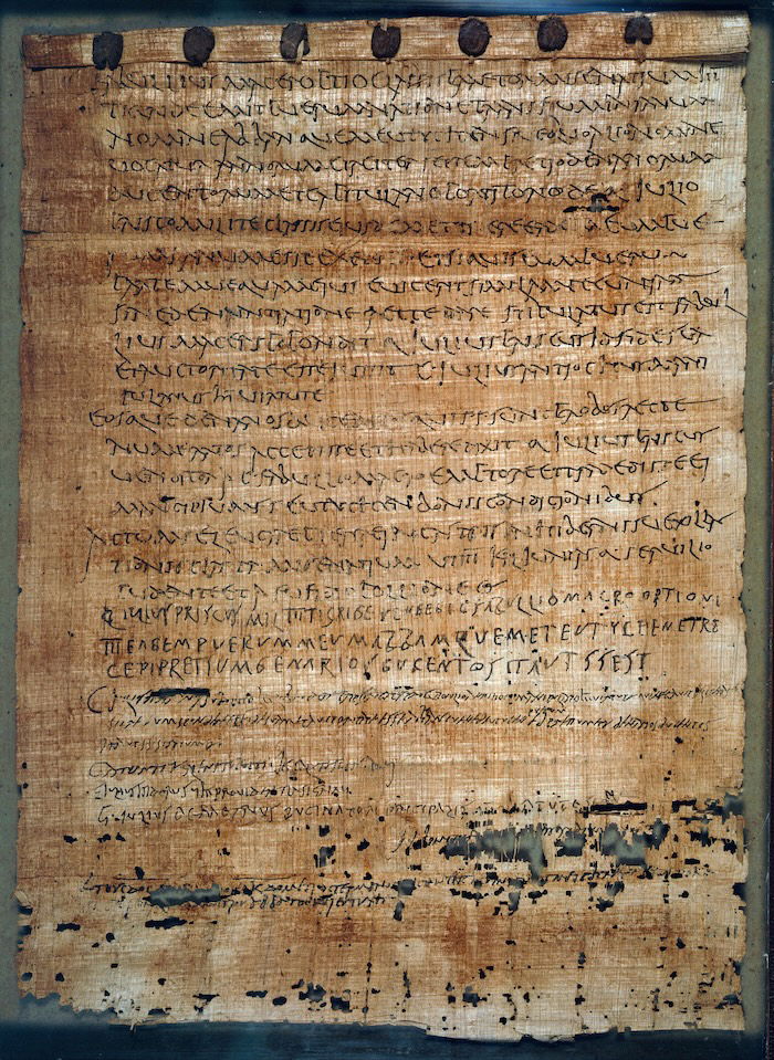 A deed of sale, in which Caius Fabullius Macer purchases a seven-year-old boy named Abbas or Eutyches from Quintus Julius Priscus for 200 denarii, AD 166.